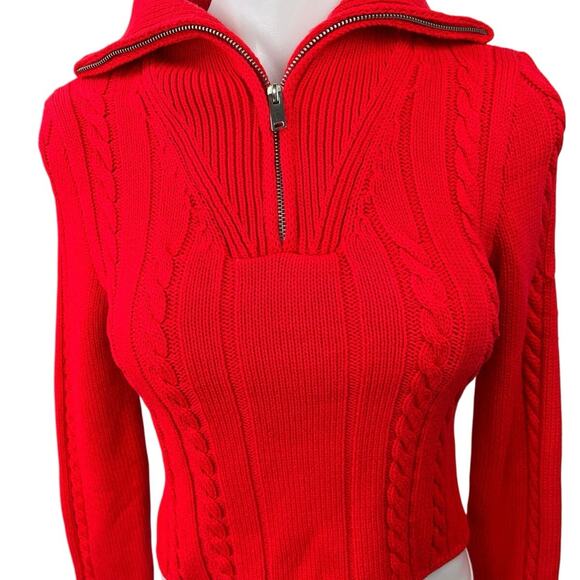 Zara Red Cable Knit 1/4 Zip High Neck Collared Long Sleeve Crop Sweater Top Sz S - Picture 3 of 5